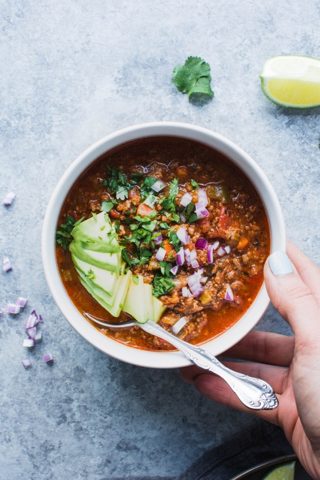 This crazy delicious chili is not only bean free (making it paleo and whole30 friendly), it's also loaded up with a rainbow of veggies - carrots, celery, onions, peppers, tomatoes, fennel and garlic that deliver serious flavor and mega nutrition!