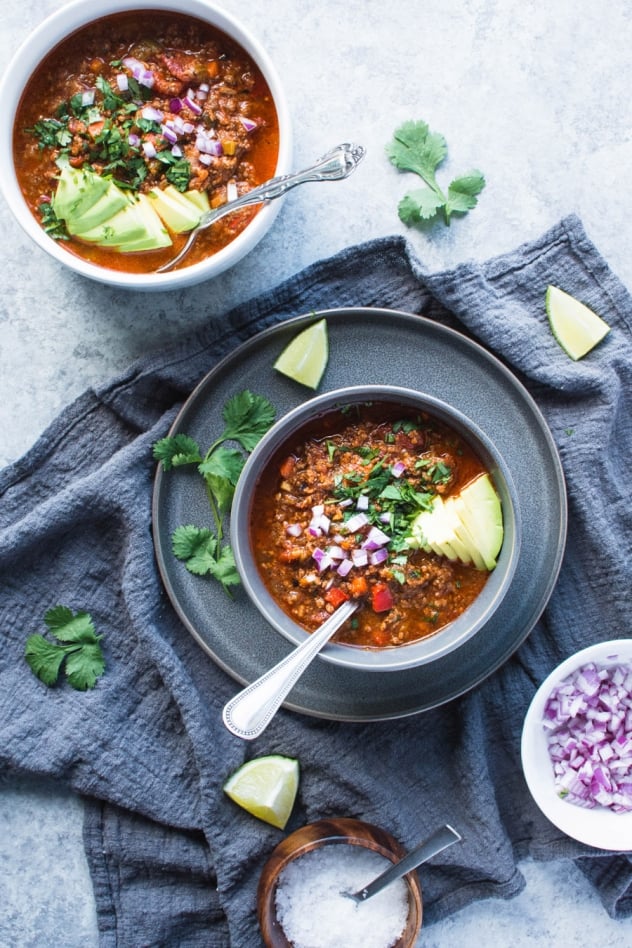 This crazy delicious chili is not only bean free (making it paleo and whole30 friendly), it's also loaded up with a rainbow of veggies - carrots, celery, onions, peppers, tomatoes, fennel and garlic that deliver serious flavor and mega nutrition!
