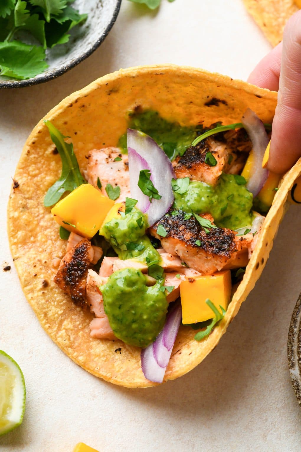 A hand holding a generously filled blackened salmon taco.