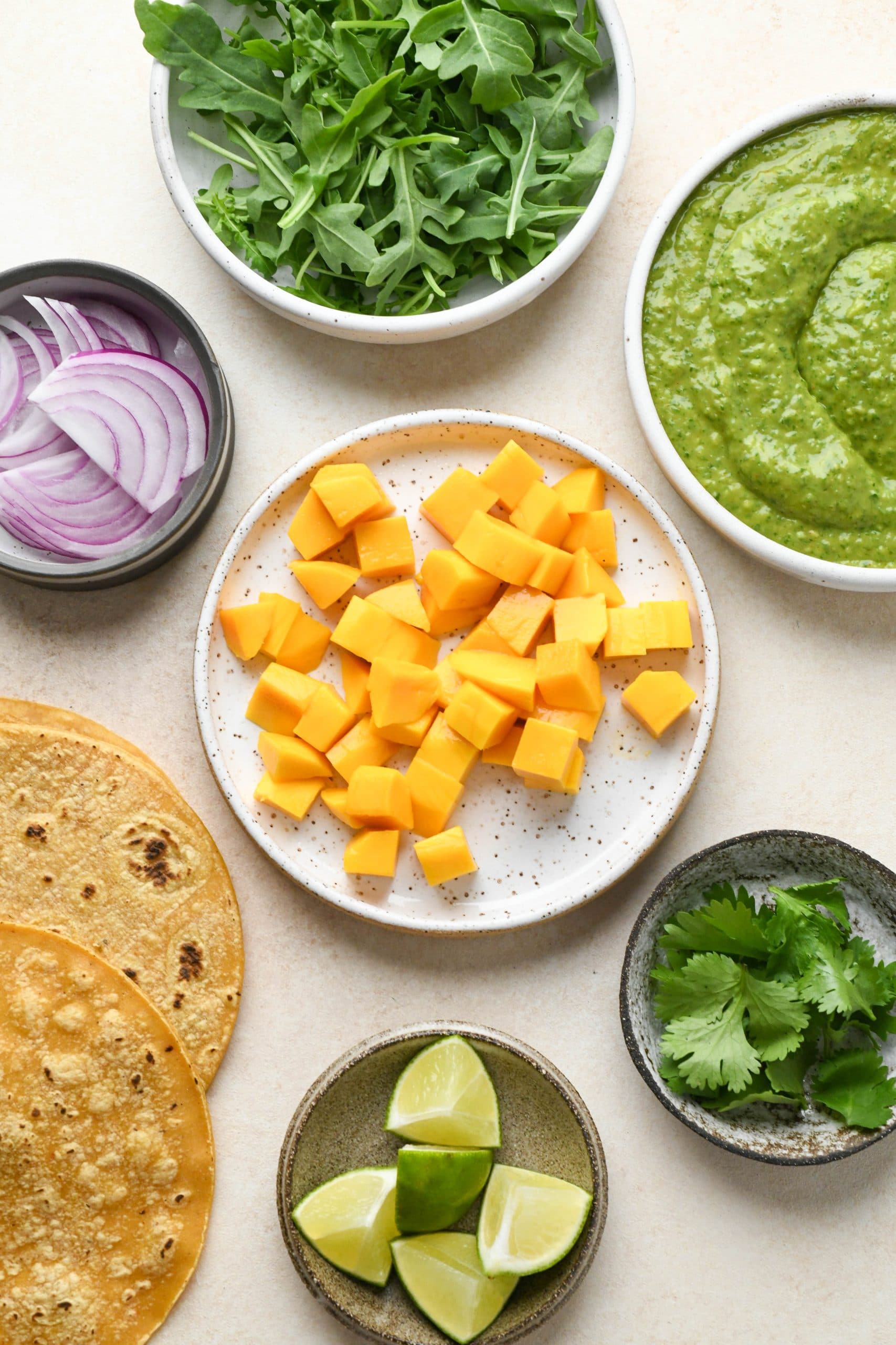Ingredients to assemble blackened salmon tacos - fresh mango, arugula, red onion, cilantro, lime, green sauce, and tortillas.