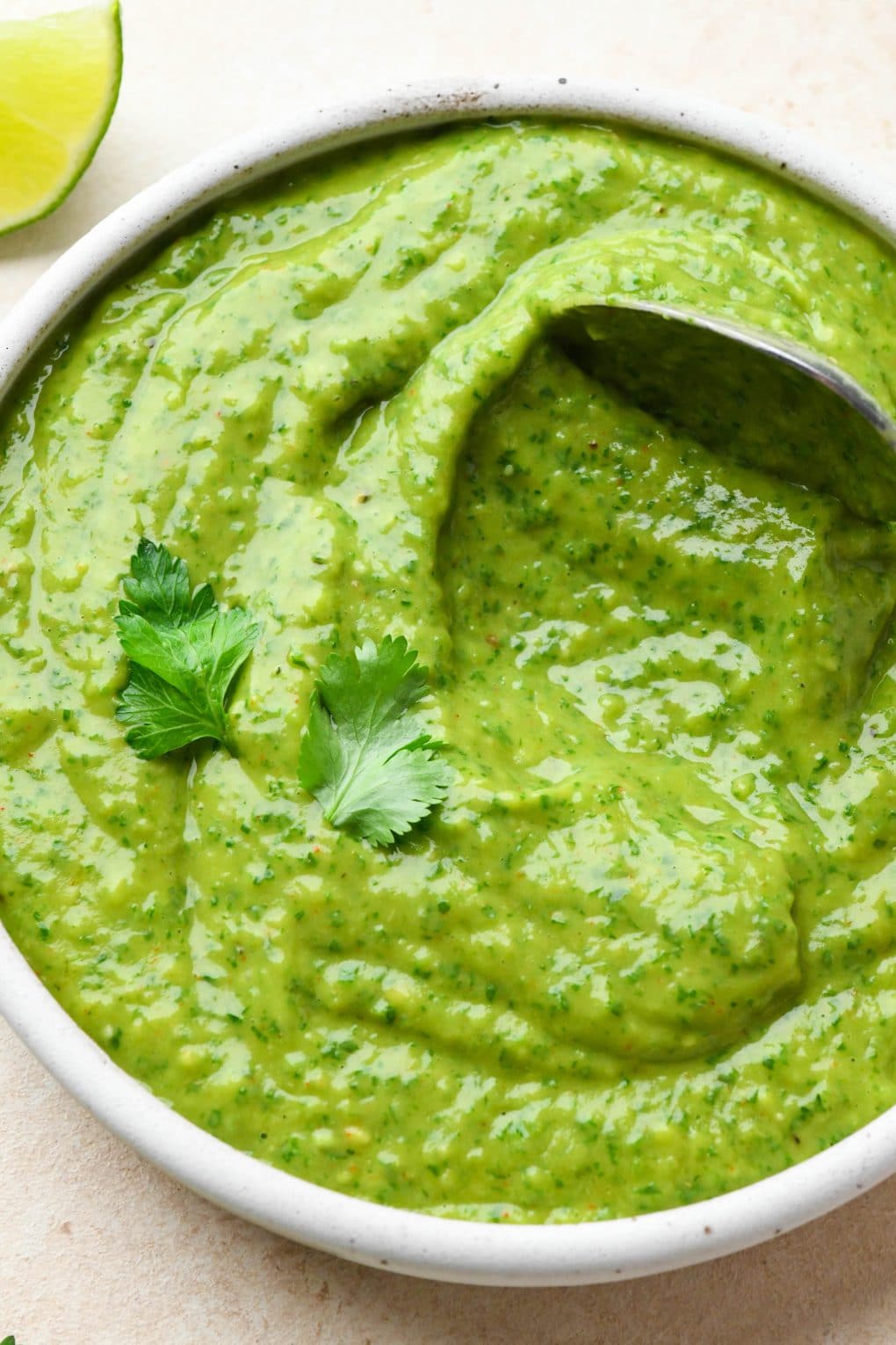 Close up shot of a spoon dipping into a shallow bowl of green sauce to show the texture.
