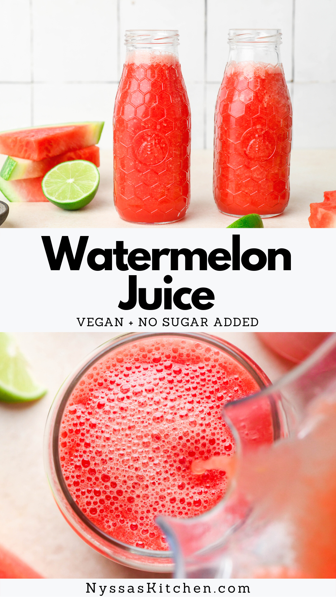 This easy watermelon juice is the most refreshing nutrient dense drink! Perfect for a hot summer day when you're in need of some delicious hydration. Made with only 3 ingredients and without a juicer. Vegan, dairy free, gluten free, no added sugar.