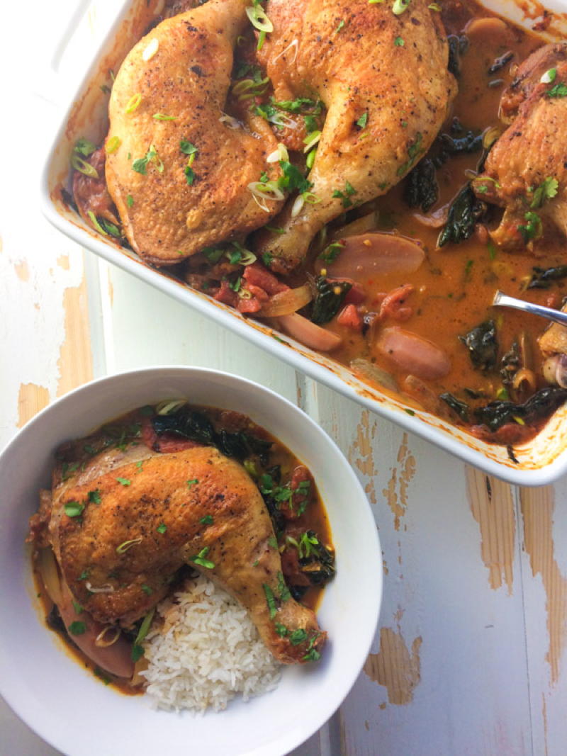 crispy coconut braised chicken with tomatoes, kale and potatoes | www.nyssaskitchen.com