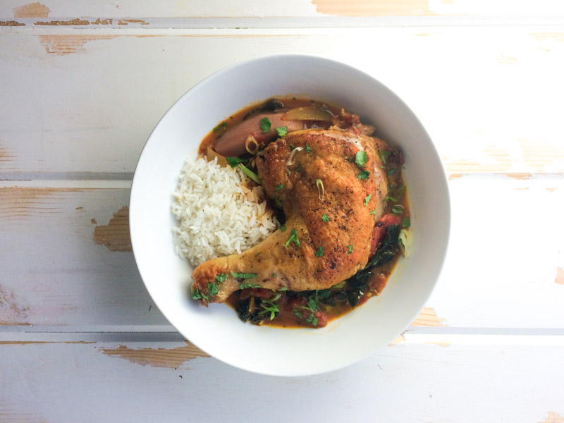 crispy coconut braised chicken with tomatoes, kale and potatoes | www.nyssaskitchen.com