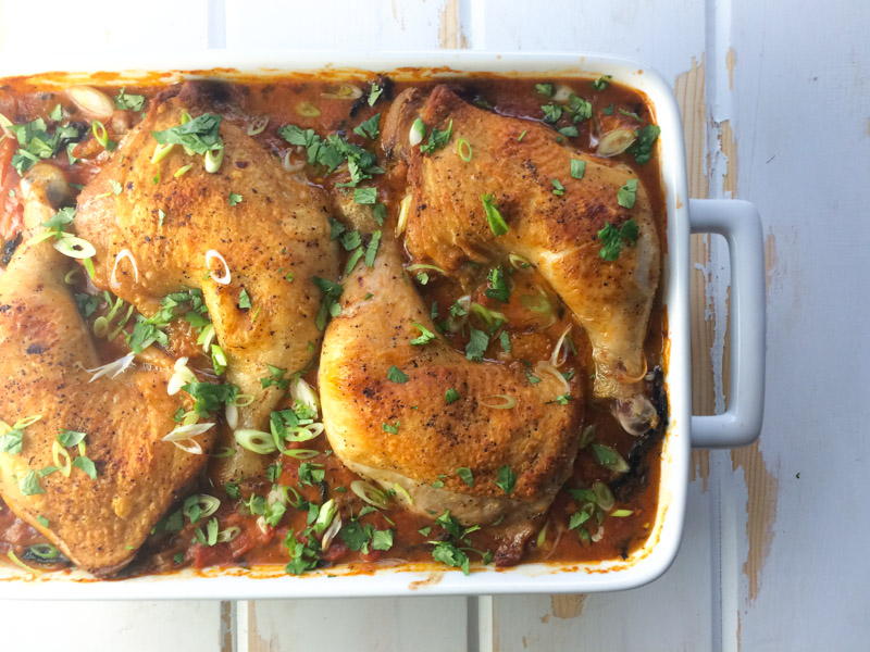 crispy coconut braised chicken with tomatoes, kale and potatoes | www.nyssaskitchen.com