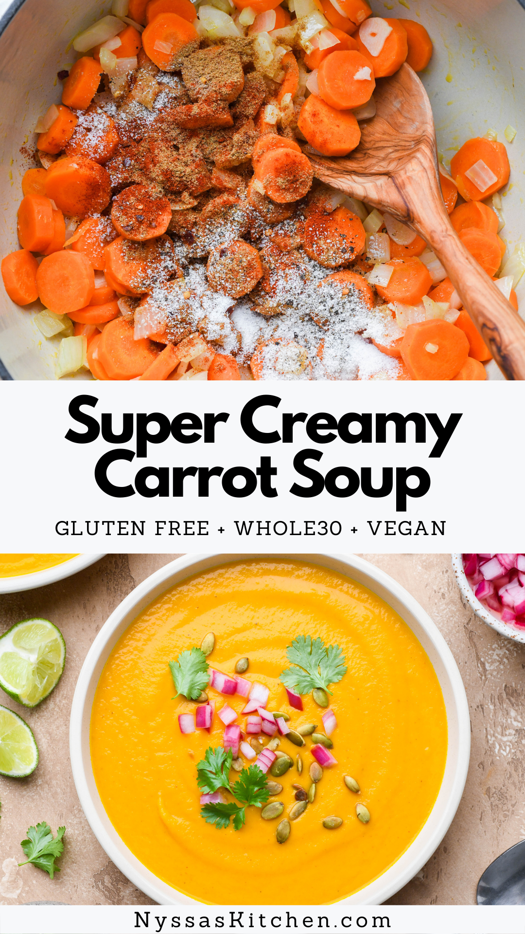 This super creamy carrot soup is an essential fall soup season recipe! It is easy to make, healthy, and perfectly spiced. The garnishes of pumpkin seeds, cilantro, and pickled red onions give it just the right amount of bright flavor and interesting texture to keep you coming back for another bite. Would make an excellent addition to your Thanksgiving menu! Whole30, vegan, gluten free, nut free, and dairy free.