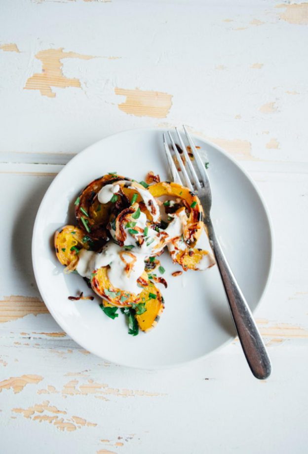 roasted delicata squash with fried shallots, herbs and brown butter yogurt sauce {gluten free