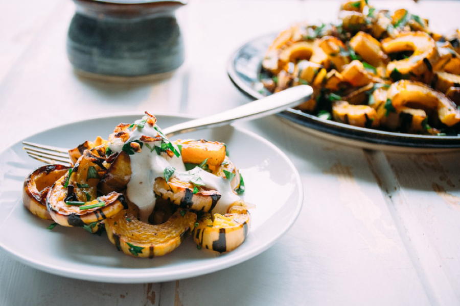 roasted delicata squash with fried shallots, herbs and salted brown butter yogurt | www.nyssaskitchen.com
