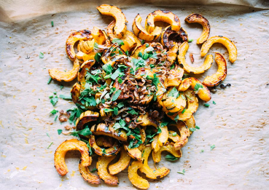 roasted delicata squash with fried shallots, herbs and salted brown butter yogurt | www.nyssaskitchen.com