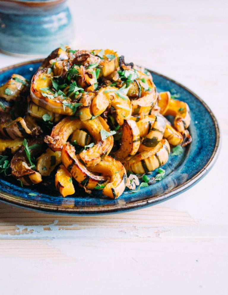 roasted delicata squash with fried shallots, herbs and brown butter yogurt sauce {gluten free