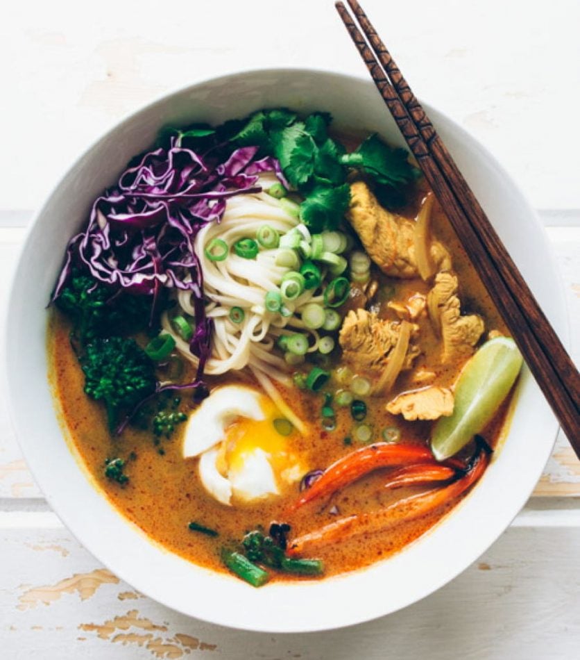 rainbow coconut curry noodle soup with chicken - nyssa's kitchen