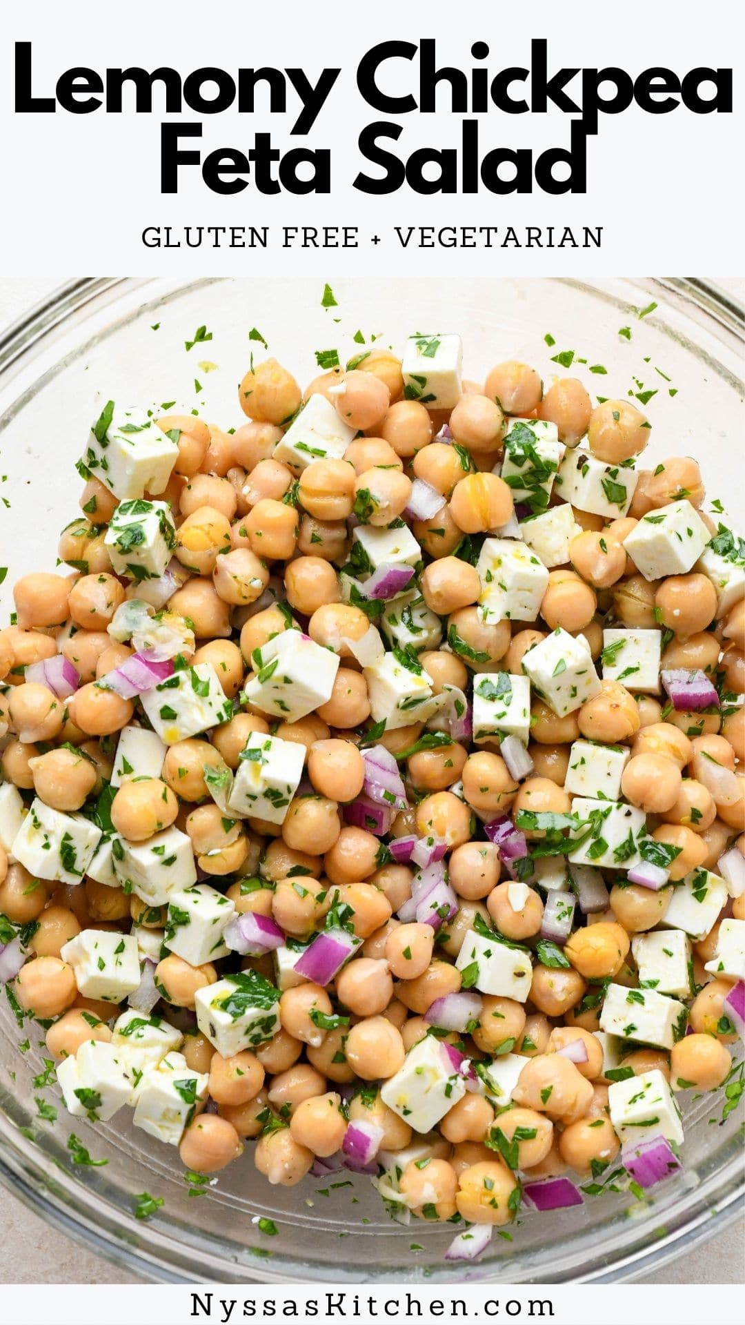 This lemony chickpea feta salad is a super simple and incredibly satisfying summer ready salad that is picnic ready! Made with sturdy chickpeas or garbanzo beans, bright and briny feta cheese, fresh herbs, and a simple lemony vinaigrette. Ready in less than 20 minutes and absolutely packed with flavor! Gluten free, vegetarian, and vegan option.