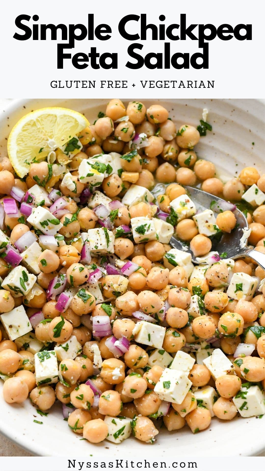 This lemony chickpea feta salad is a super simple and incredibly satisfying summer ready salad that is picnic ready! Made with sturdy chickpeas or garbanzo beans, bright and briny feta cheese, fresh herbs, and a simple lemony vinaigrette. Ready in less than 20 minutes and absolutely packed with flavor! Gluten free, vegetarian, and vegan option.
