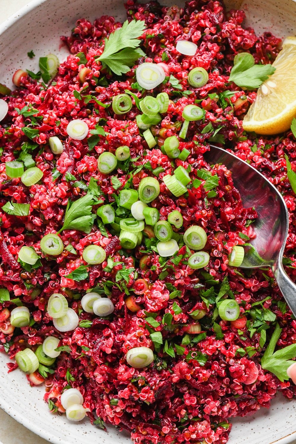 Quinoa and beet salad in a large shallow ceramic serving dish. The salad is garnished with sliced green onion, fresh chopped parsley, and lemon wedges on the side. A hand is scooping out a serving of the salad with a large spoon.