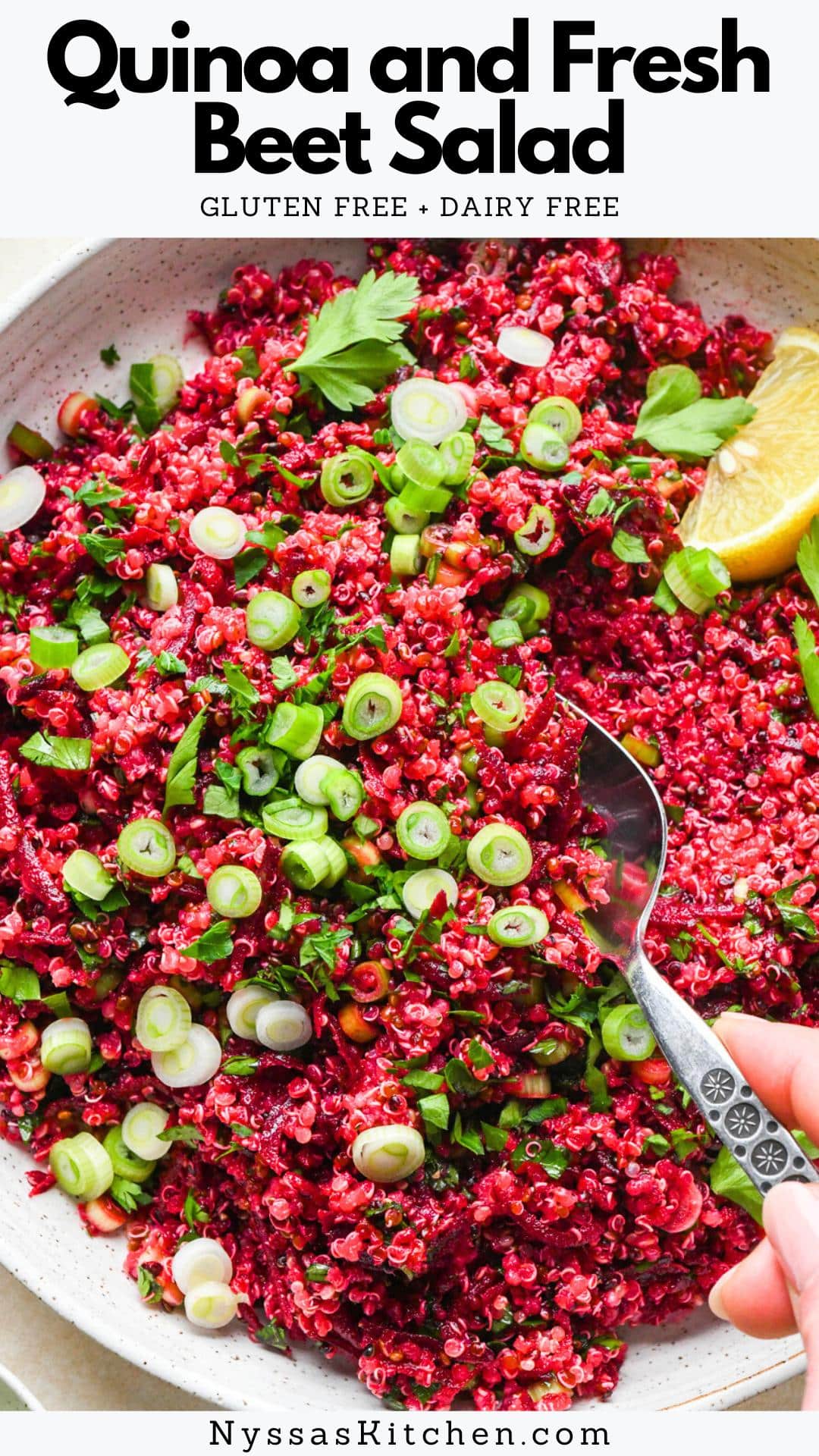 This quinoa and fresh beet salad is a bright and flavorful recipe that's as easy to make as it is pretty! Made with perfectly cooked, fluffy quinoa, raw shredded beets, fresh herbs, green onions, and a lemony dressing. It's the perfect healthy side dish or a great start to a complete meal if you add some cooked protein and maybe a few handfuls of fresh salad greens. In this post, I also cover my favorite method for making fool-proof quinoa! The recipe is gluten free, dairy free, and vegan / vegetarian!