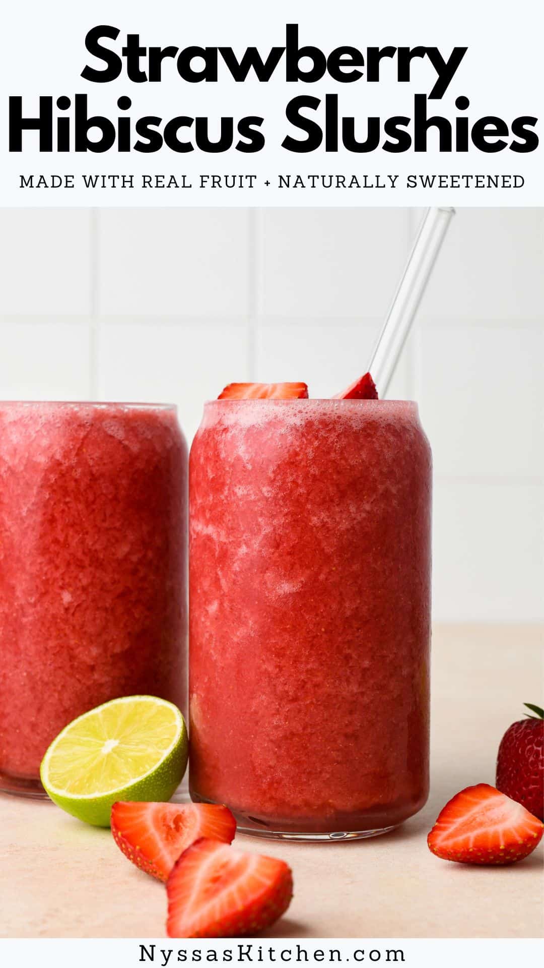 Nothing says summer quite like strawberry hibiscus slushies! An easy frozen drink made with real, good-for-you ingredients like frozen strawberries, hibiscus tea, honey, and lime juice. Perfectly sweet tart and full of refreshing, juicy flavor! Gluten free, vegan, paleo.