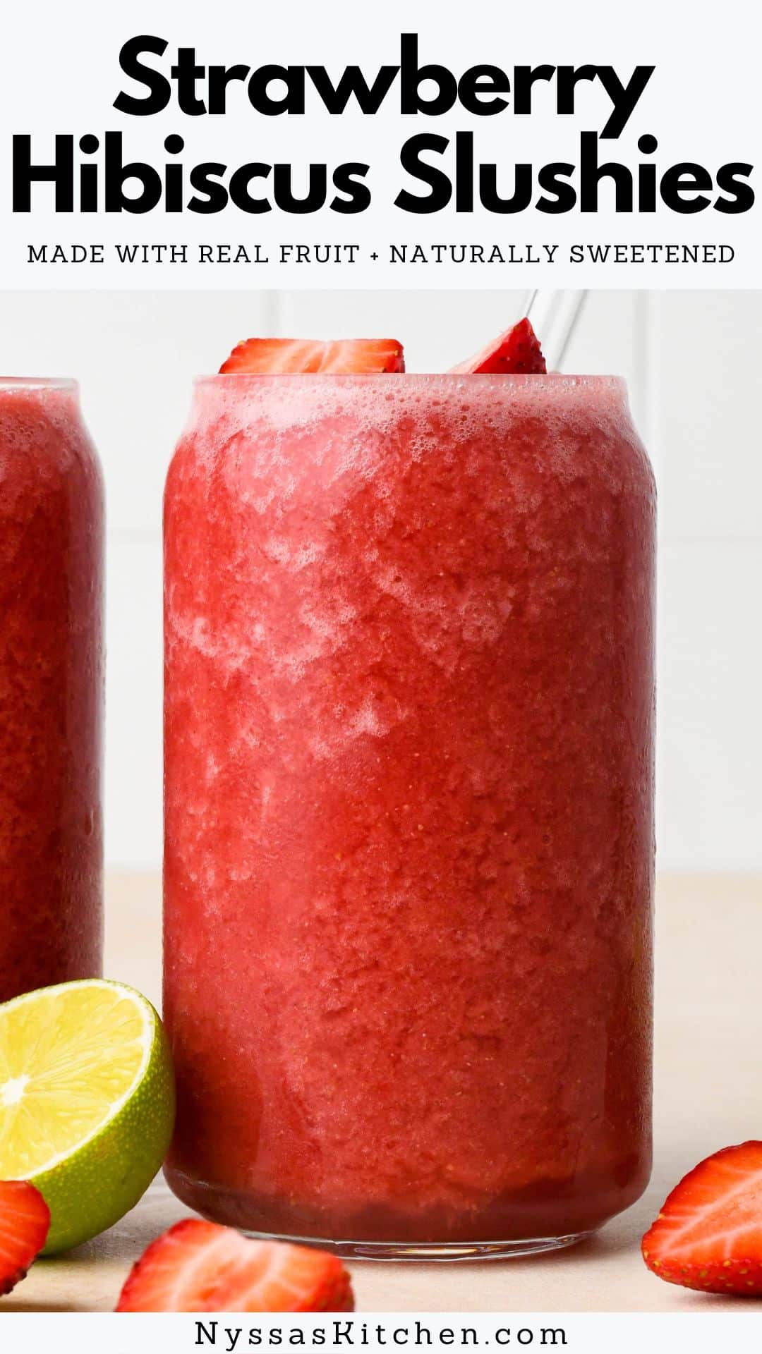 Nothing says summer quite like strawberry hibiscus slushies! An easy frozen drink made with real, good-for-you ingredients like frozen strawberries, hibiscus tea, honey, and lime juice. Perfectly sweet tart and full of refreshing, juicy flavor! Gluten free, vegan, paleo.