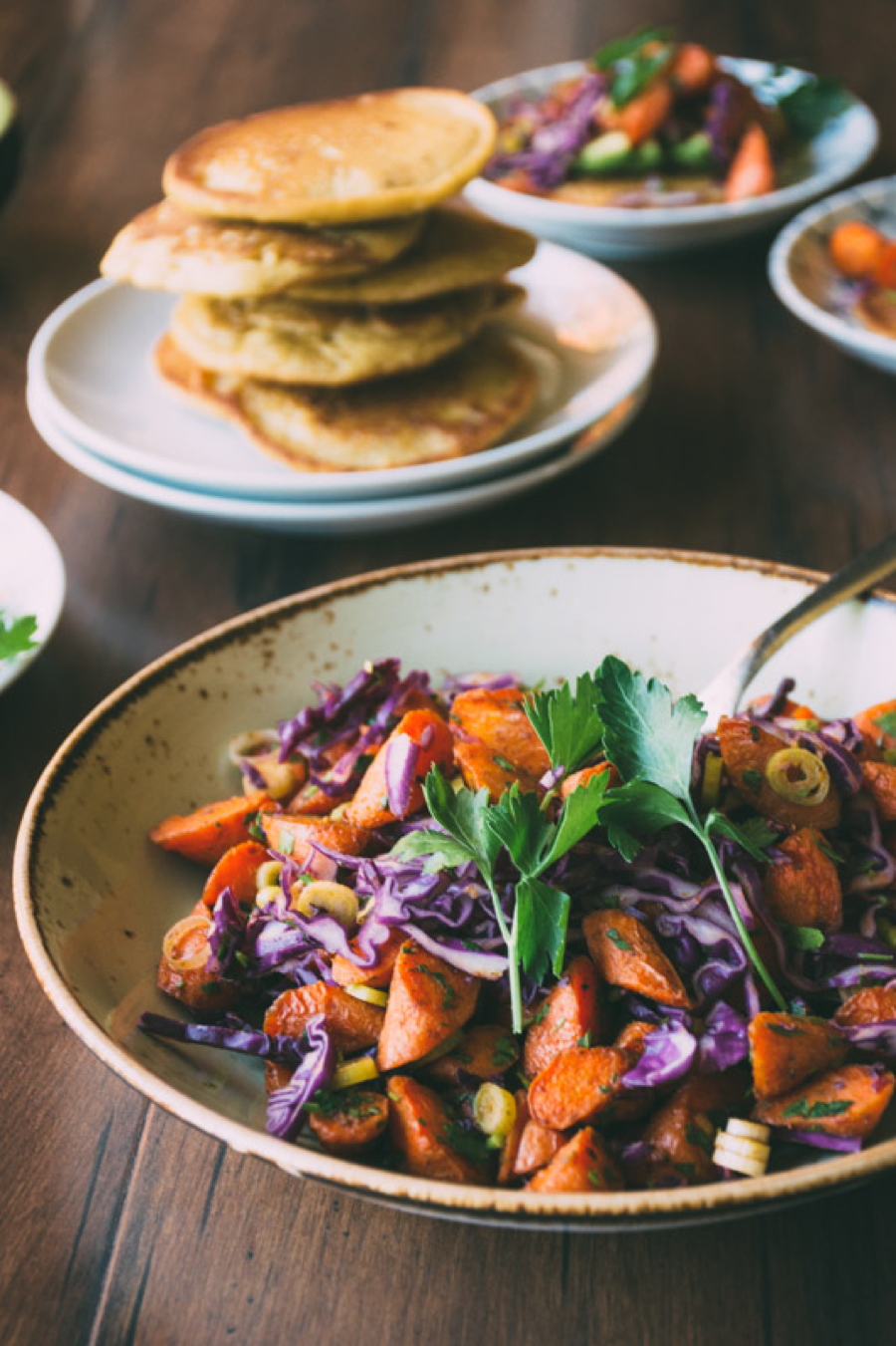 roasted-carrot-picnic-salad-with-sprouted-garbanzo-bean-pancakes-and-avocado