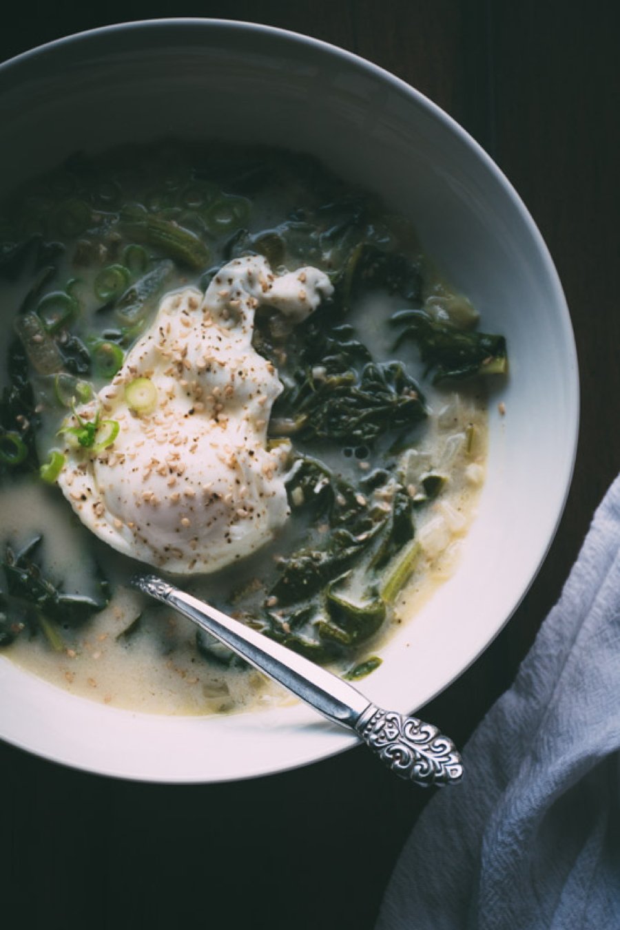 chard coconut detox soup with poached eggs: a vibrant and restorative soup made with chard, onion, fennel, celery and garlic, and paired with a nutritionally dense bone broth or vitamin rich vegetable stock + poached eggs to detox and support your body from the inside out! | www.nyssaskitchen.com