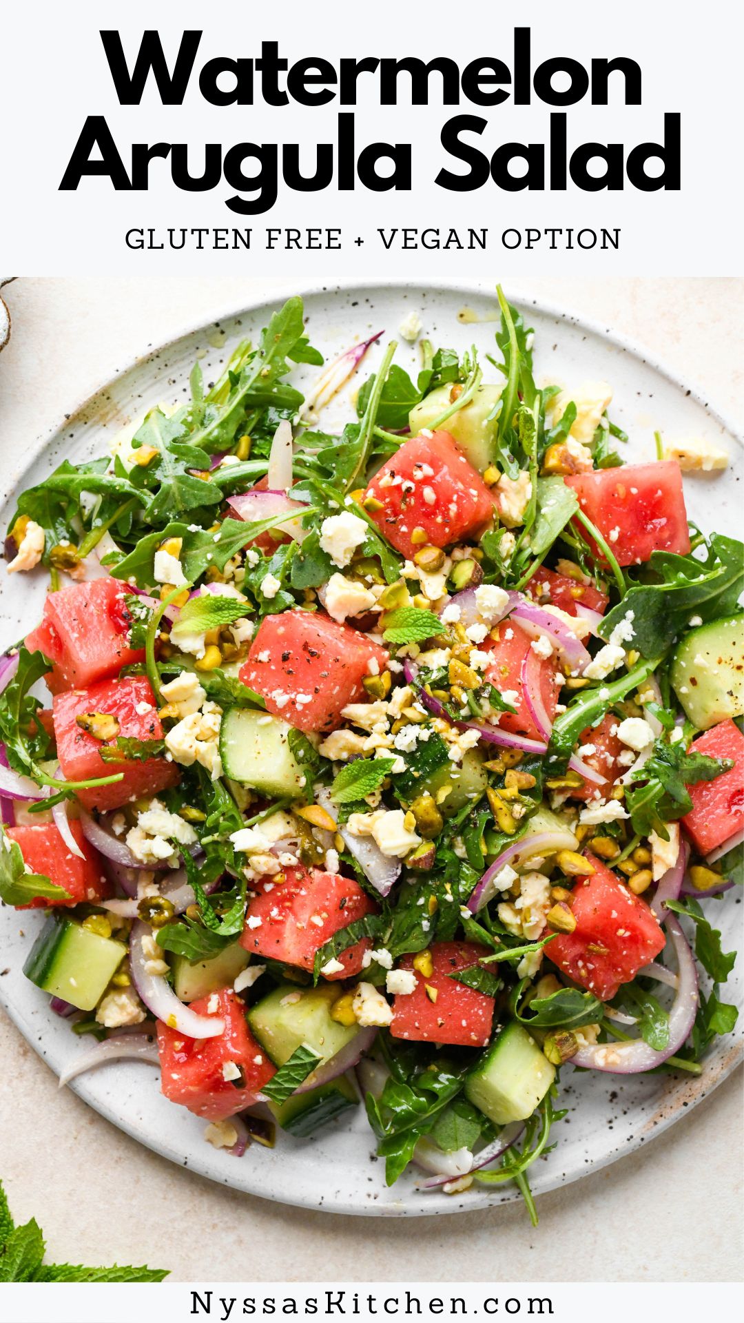 This watermelon arugula is a delightfully refreshing summer salad! Made with ripe and sweet watermelon chunks, diced cucumber, peppery arugula, briny feta cheese, fresh mint leaves, and chopped pistachios for crunch. The best salad to bring to cookouts, picnics, or family dinner. Gluten free, vegetarian, vegan option, paleo option, Whole30 option.