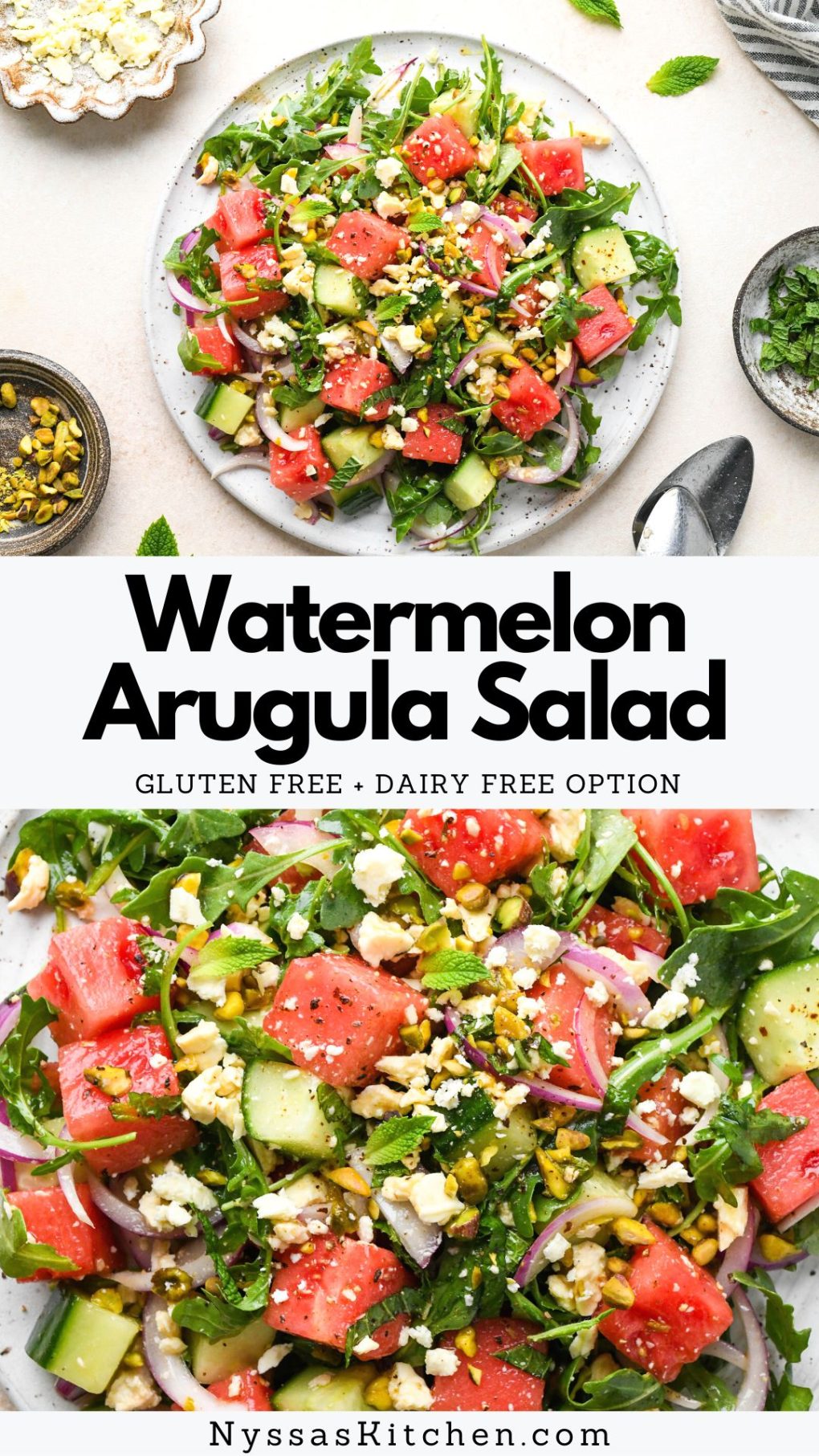 Pinterest pin for watermelon arugula salad
