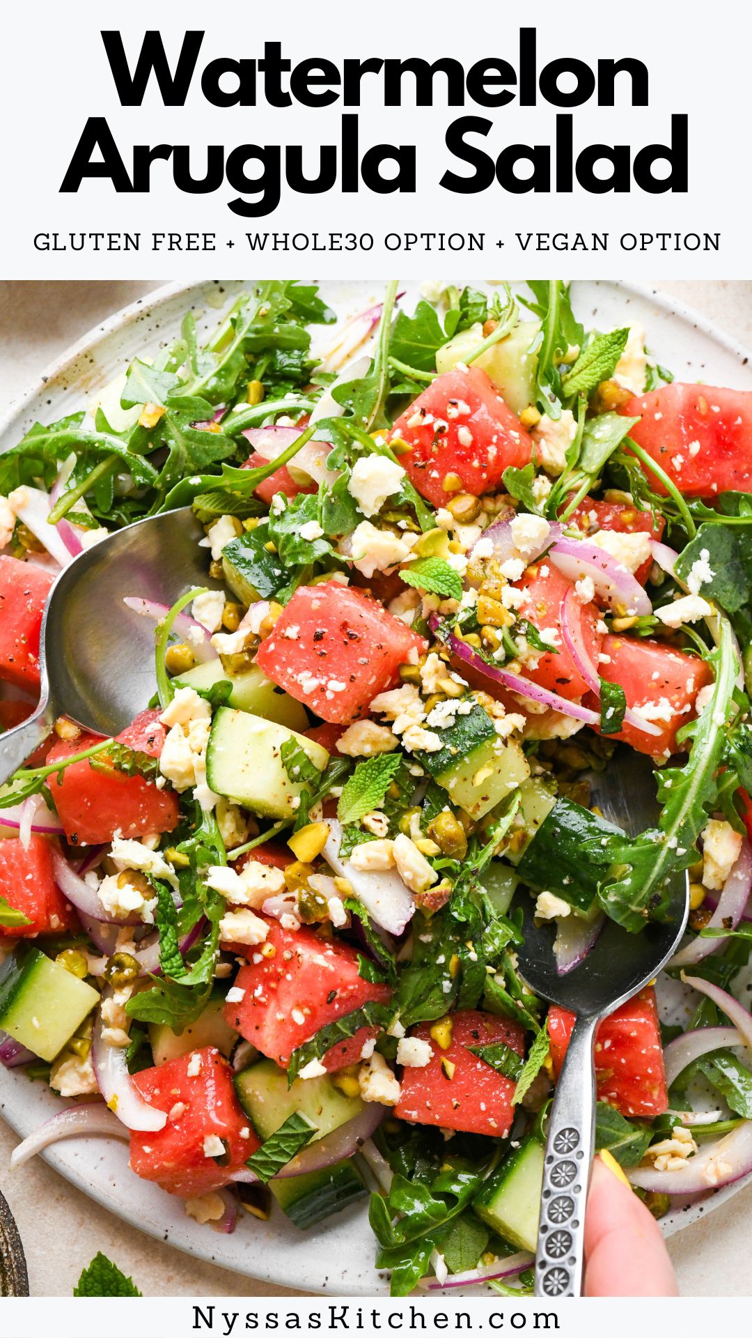 This watermelon arugula is a delightfully refreshing summer salad! Made with ripe and sweet watermelon chunks, diced cucumber, peppery arugula, briny feta cheese, fresh mint leaves, and chopped pistachios for crunch. The best salad to bring to cookouts, picnics, or family dinner. Gluten free, vegetarian, vegan option, paleo option, Whole30 option.