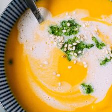 thai carrot and sweet pepper coconut soup with cilantro pesto {paleo + dairy free + vegan}