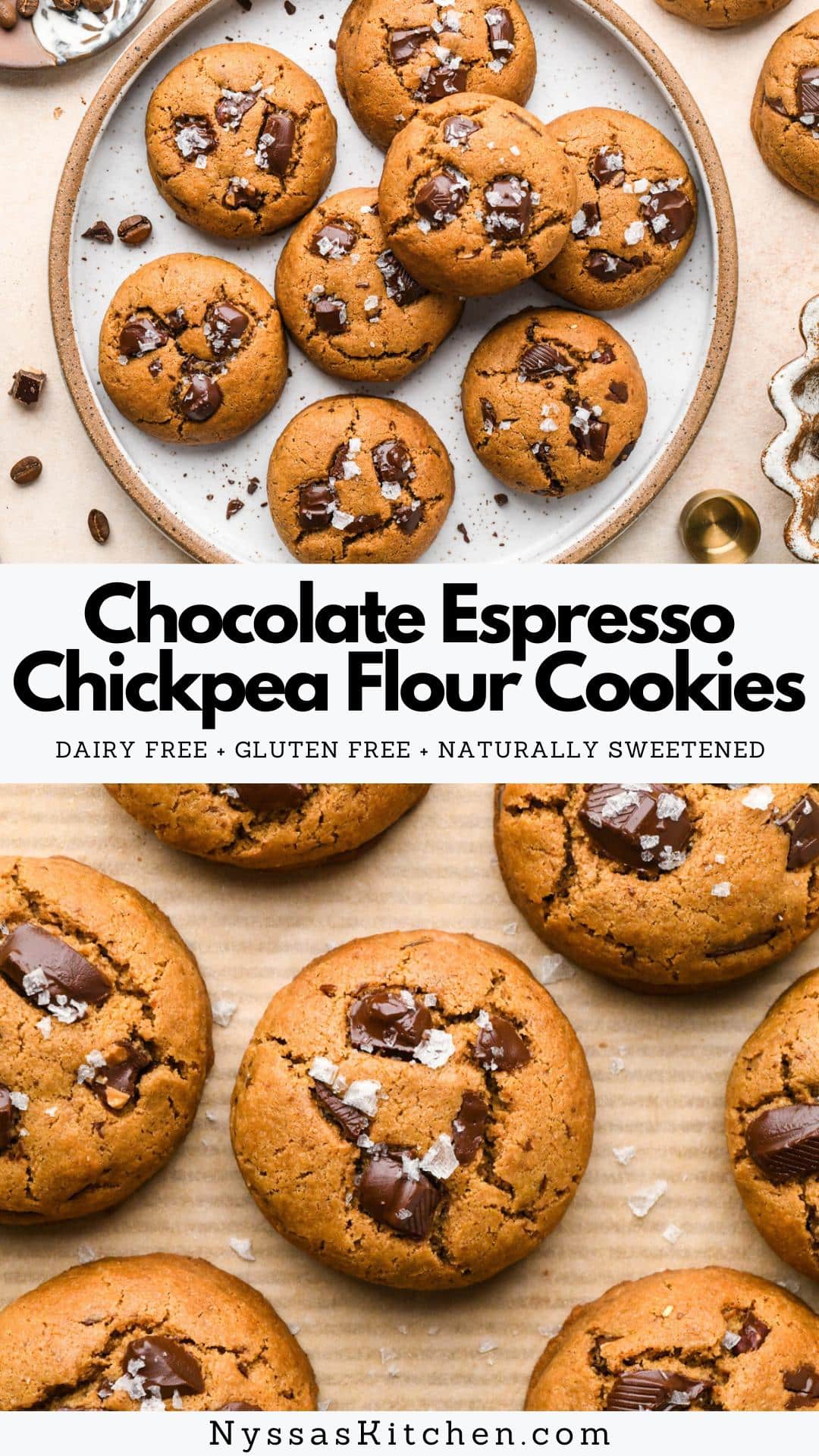 These dark chocolate espresso chickpea flour cookies are easy to make and the perfect tasty bite to satisfy your sweet tooth. A treat you'll feel good about sharing with the people you love! They're made with chickpea flour, coconut sugar, coconut oil (or ghee), one egg, vanilla, espresso powder, and of course - dark chocolate. They're perfectly soft yet still lightly chewy, with little pockets of chocolate and flaky salt to tie all of the decadent flavors together. Makes 12-16 cookies.