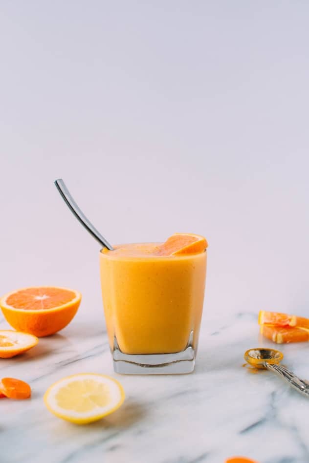 Probiotic turmeric mango carrot citrus smoothie is loaded with vitamins, minerals, antioxidants and beneficial bacteria to get your mind and body off to an extraordinary start every day!