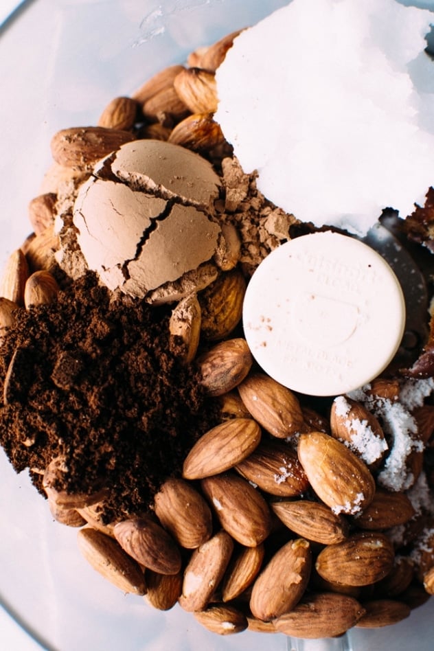 Crust ingredients for salted mocha hazelnut tart with Rawmio chocolate - an incredibly decadent and satisfying vegan and paleo dessert! No bake, made with nutrient dense ingredients, and sprinkled with sea salt like every great chocolate dessert should be.