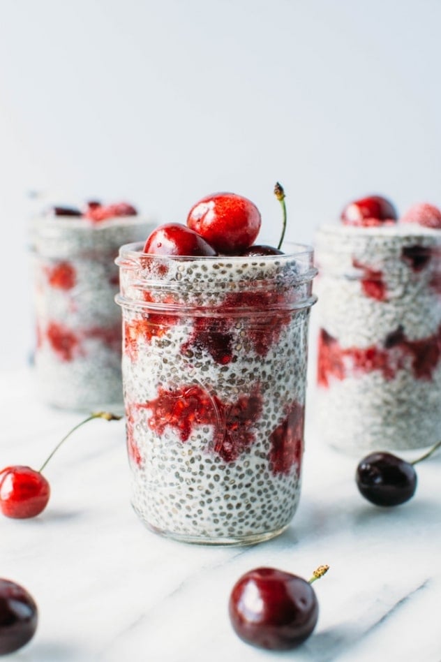 Creamy vanilla bean and cherry raspberry smash chia seed pudding is super easy to make, good for you and perfect for an on the go breakfast, snack or mindful indulgence!