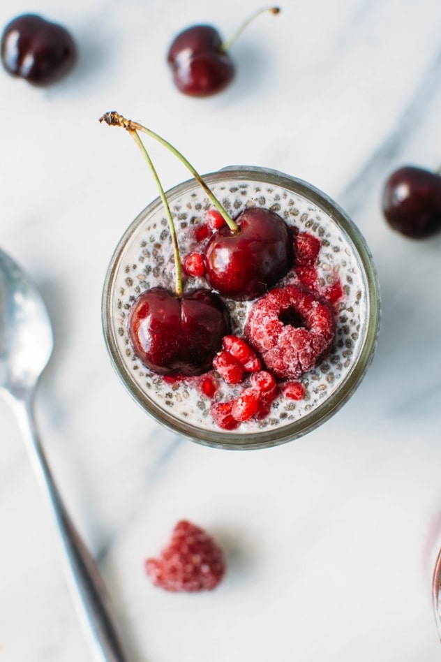 Creamy vanilla bean and cherry raspberry smash chia seed pudding is super easy to make, good for you and perfect for an on the go breakfast, snack or mindful indulgence!