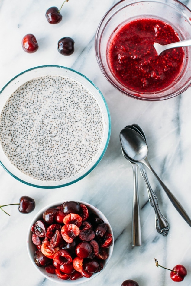 Ingredients for creamy vanilla bean and cherry raspberry smash chia seed pudding is super easy to make, good for you and perfect for an on the go breakfast, snack or mindful indulgence!