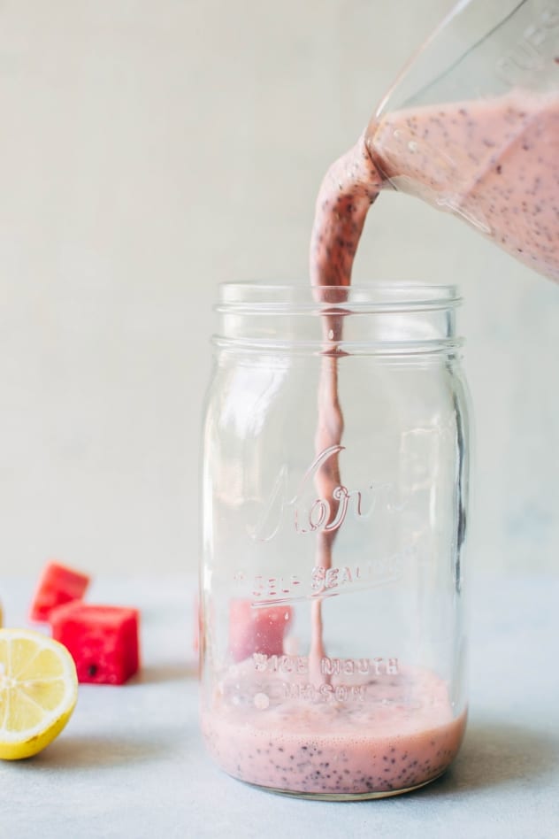 Pouring the pudding base for creamy watermelon chia seed pudding. A simple and healthy treat made with minimal ingredients, and packed with juicy summertime flavor to keep you happy and healthy!