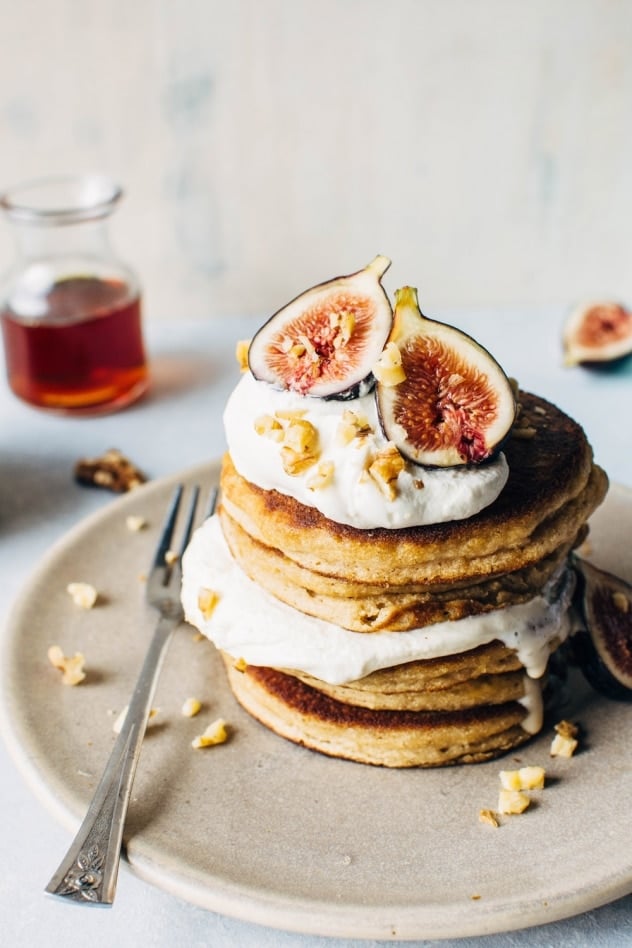 Fluffy grain free pancakes with fresh figs and whipped cream. So fluffy, tender and crisp in all the right places - a literal grain free pancake dream come true.
