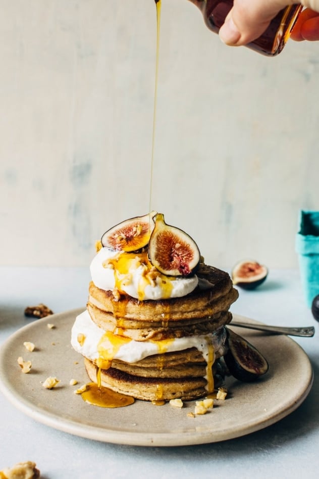Fluffy grain free pancakes with fresh figs and whipped cream. So fluffy, tender and crisp in all the right places - a literal grain free pancake dream come true.