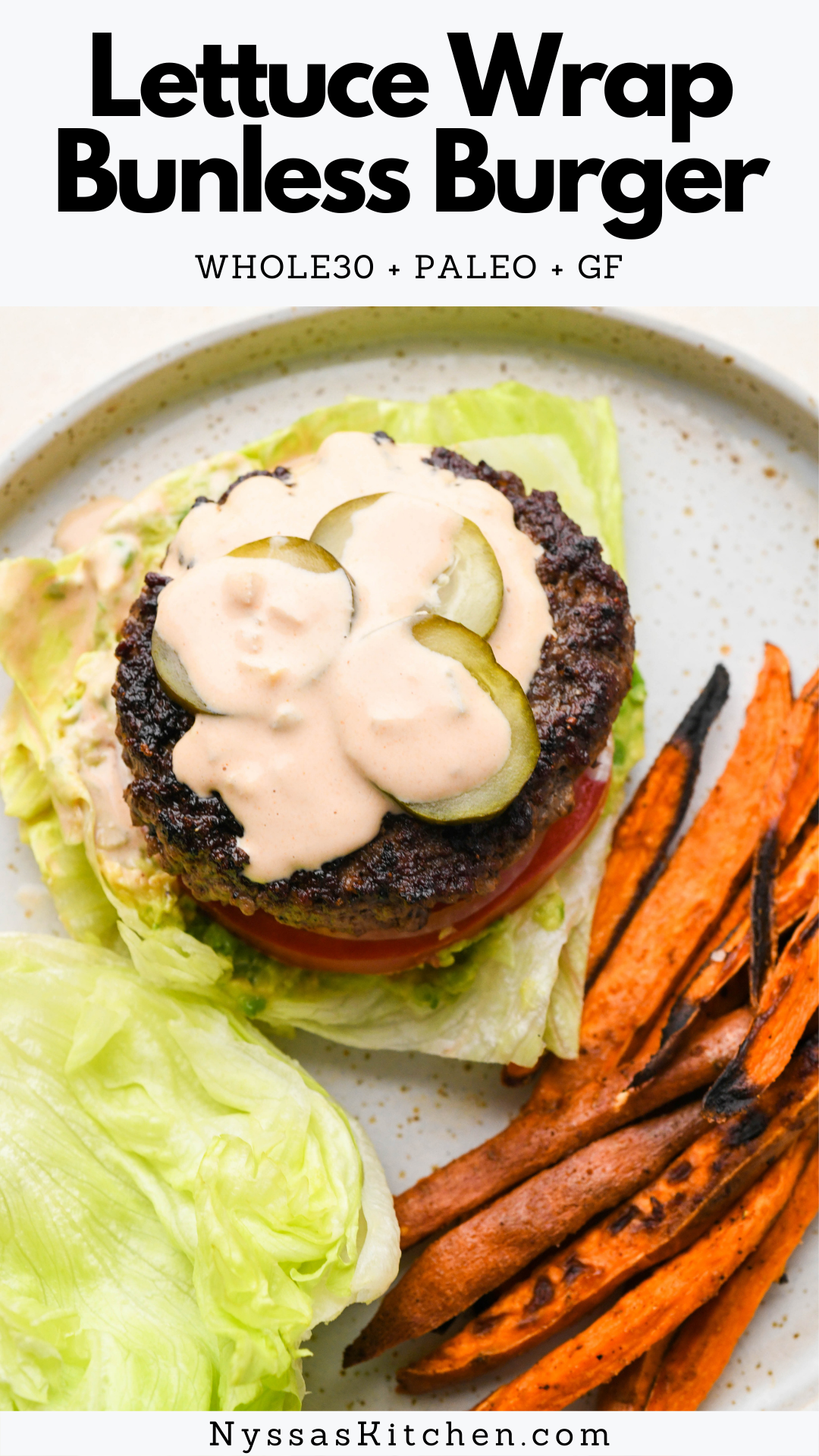 The ultimate lettuce wrap burger! Perfect for those nights when you just NEED a burger in your life. Made with seared burger patties, all the toppings, and a crave worthy burger sauce that you'll want to put on everything! Whole30, paleo friendly, gluten free, dairy free, keto, and low carb.