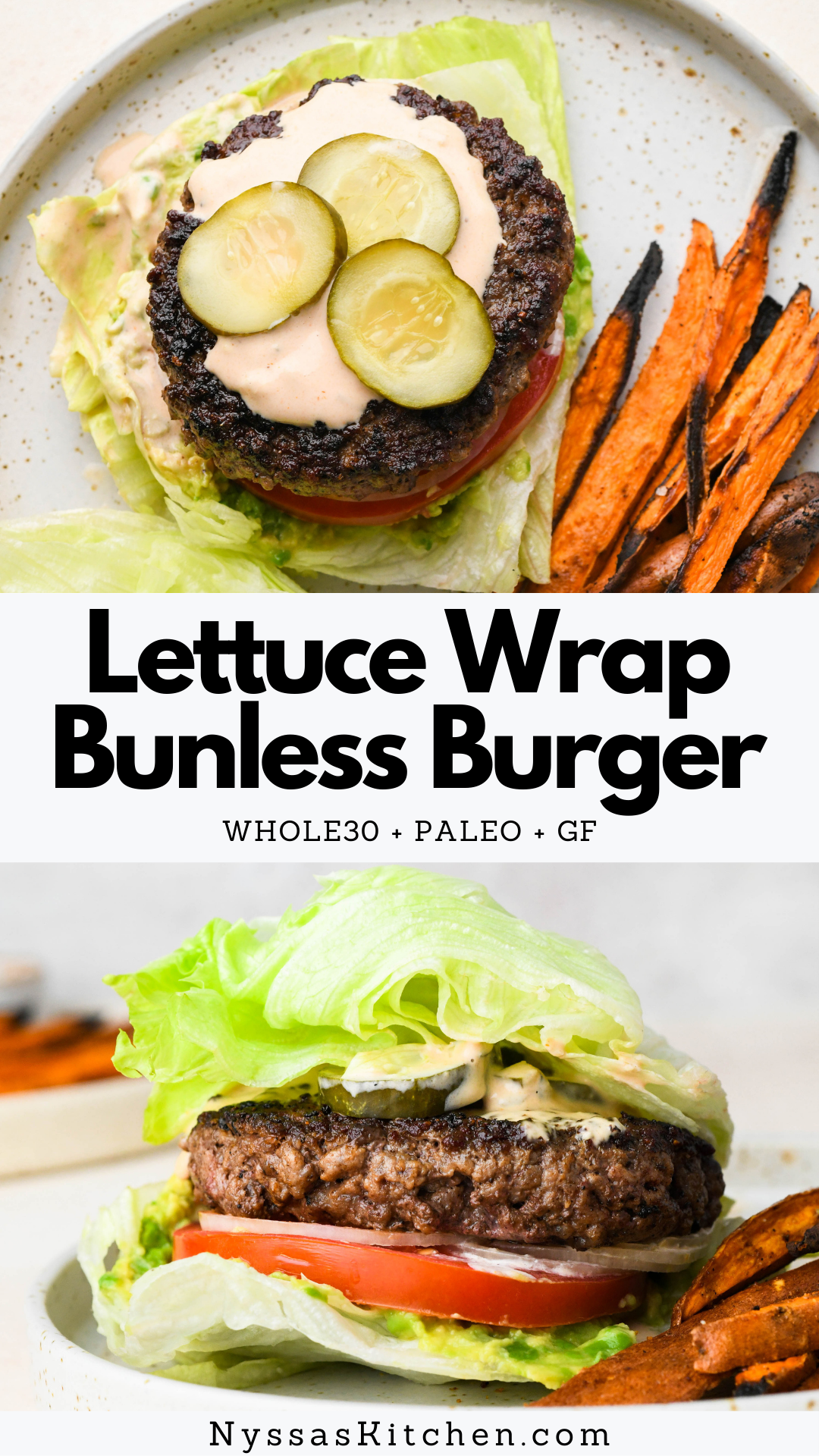 The ultimate lettuce wrap burger! Perfect for those nights when you just NEED a burger in your life. Made with seared burger patties, all the toppings, and a crave worthy burger sauce that you'll want to put on everything! Whole30, paleo friendly, gluten free, dairy free, keto, and low carb.