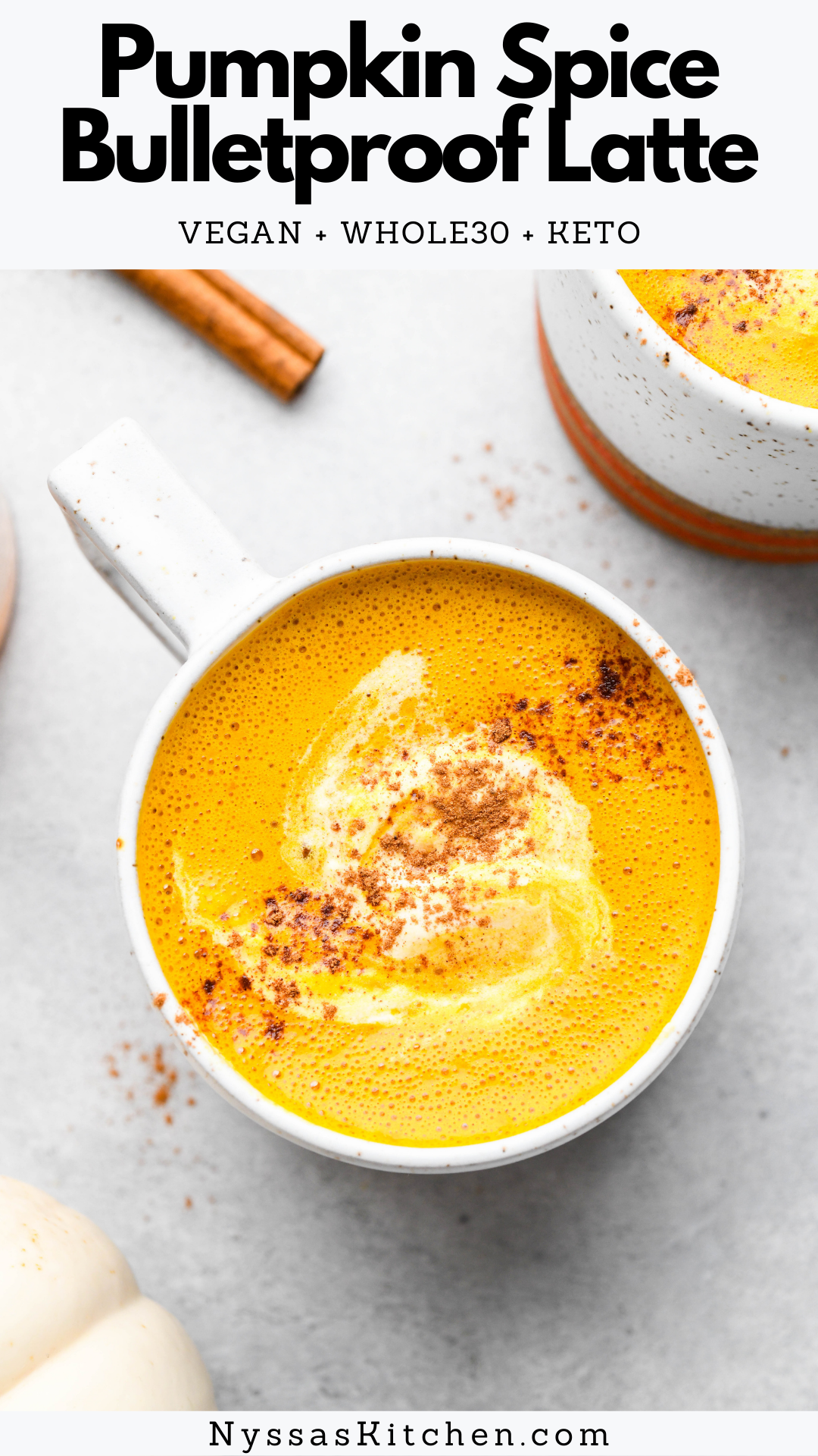This pumpkin spice bulletproof latte is a delightful, healthy twist on a seasonal favorite! Made with all natural ingredients that are dairy free and refined sugar free. Easy to make and full of perfectly spiced pumpkin-y flavor! Option to make without pumpkin puree. Vegan, paleo Whole30 option, keto option.