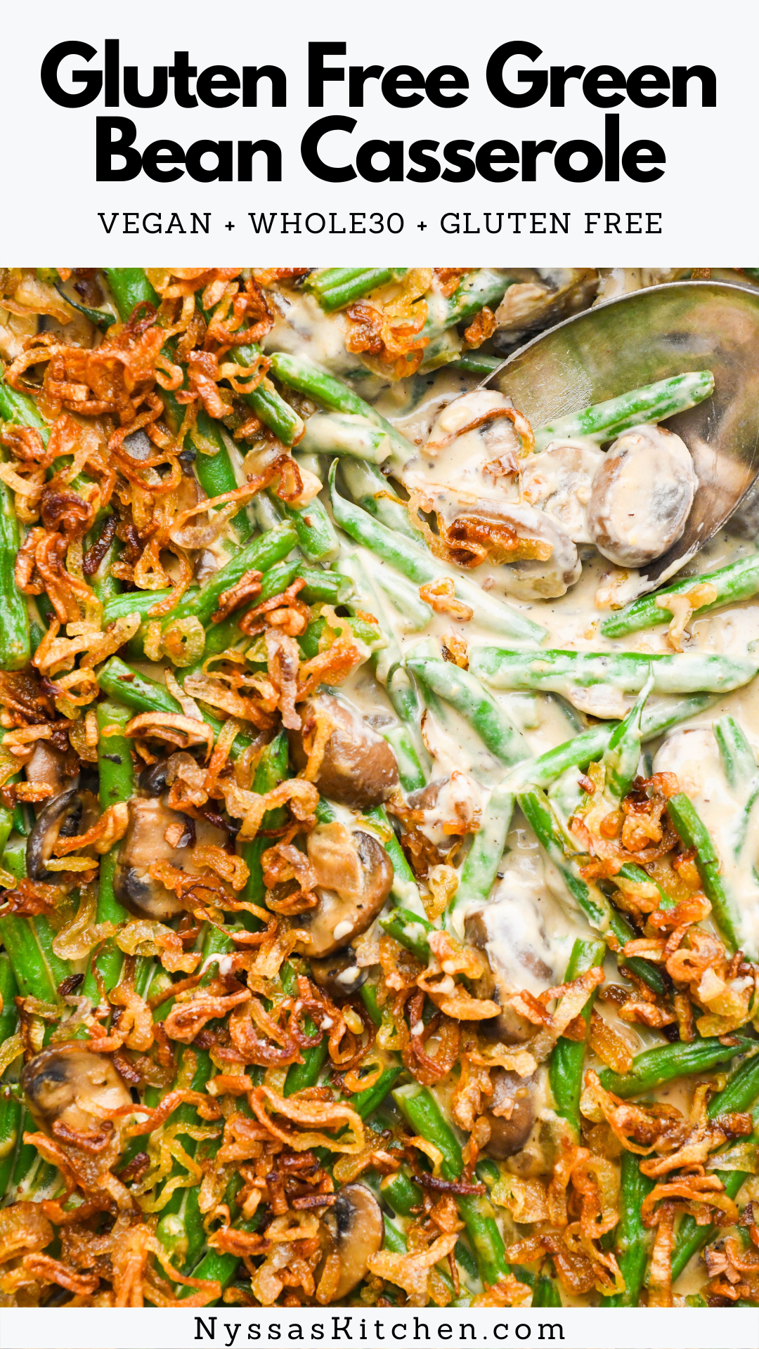 This gluten free green bean casserole is a healthier take on a Thanksgiving classic! Made with fresh green beans, mushrooms, crispy fried shallots, and an ultra creamy sauce that you'd never guess is dairy free. Gluten free, Whole30, vegan, and paleo.