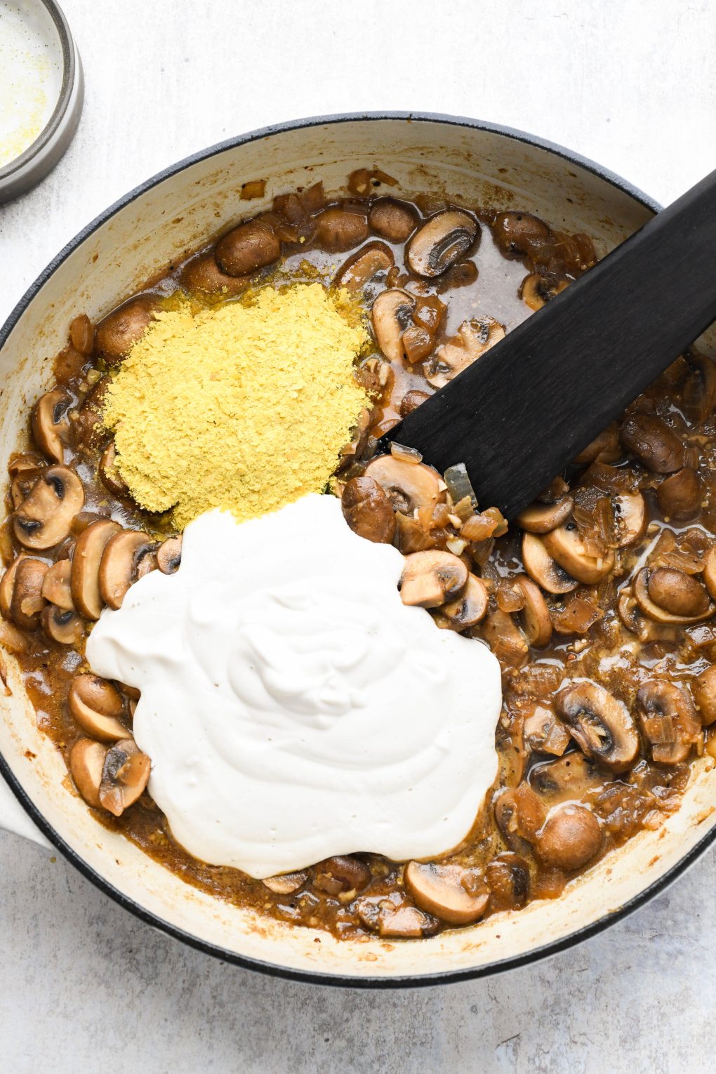 Reduced mushroom sauce with cashew cream and nutritional yeast.