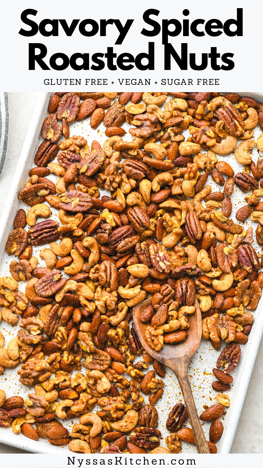 Spiced roasted nuts are the easy homemade recipe you need to tie any holiday or snack spread together. Perfect to serve for Thanksgiving, Christmas, with your favorite charcuterie spread, or as an every day snack. They are perfectly seasoned with a savory seasoning blend, only take minutes to prep and less than half and hour to roast. Made with walnuts, pecans, almonds, and cashews, but easily customizable based on your preferences. Whole30, paleo, gluten free, sugar free, and vegan (no egg whites).