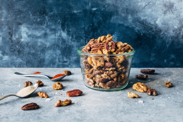 Tasty spiced snacking nuts are so easy to make and just the perfect amount of crispy bite and spice! Clean snacking at it's BEST!