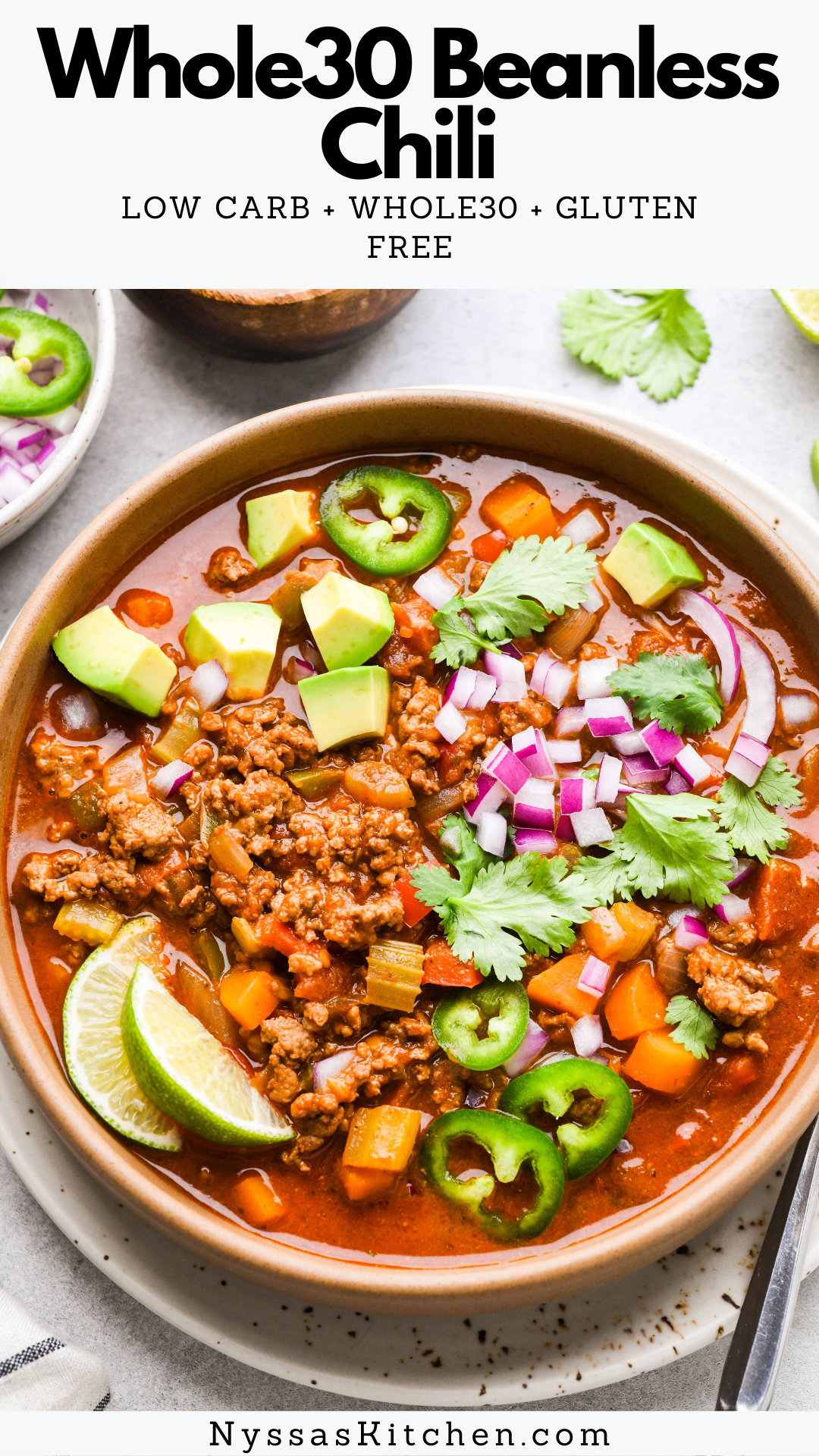 Simple and delicious Whole30 beanless chili is perfect for a cozy night in! Made with nourishing protein, a rainbow of healthy vegetables, and plenty of spices for deep and rich flavor. Easy to make and perfect for the whole family! Whole30, paleo, and gluten free.