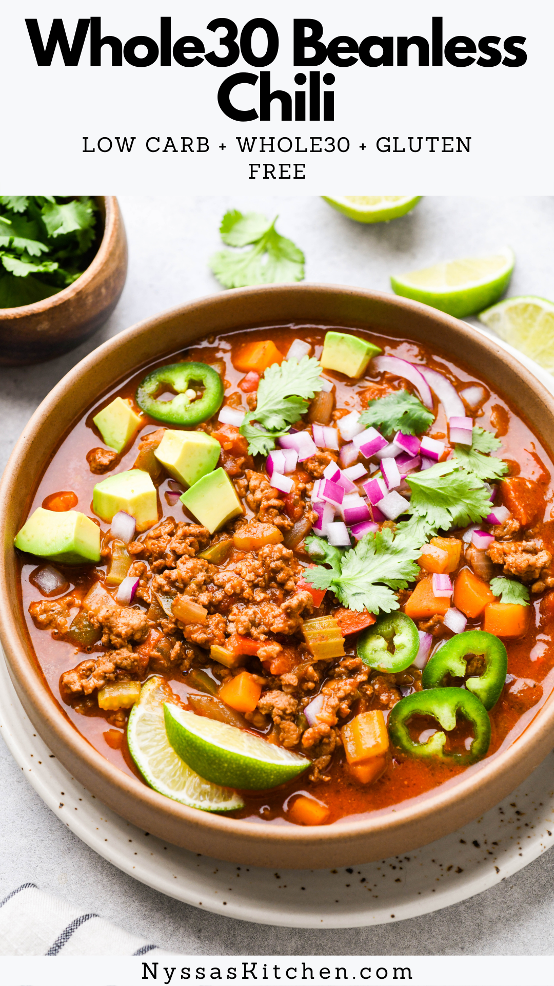 Simple and delicious Whole30 beanless chili is perfect for a cozy night in! Made with nourishing protein, a rainbow of healthy vegetables, and plenty of spices for deep and rich flavor. Easy to make and perfect for the whole family! Whole30, paleo, and gluten free.