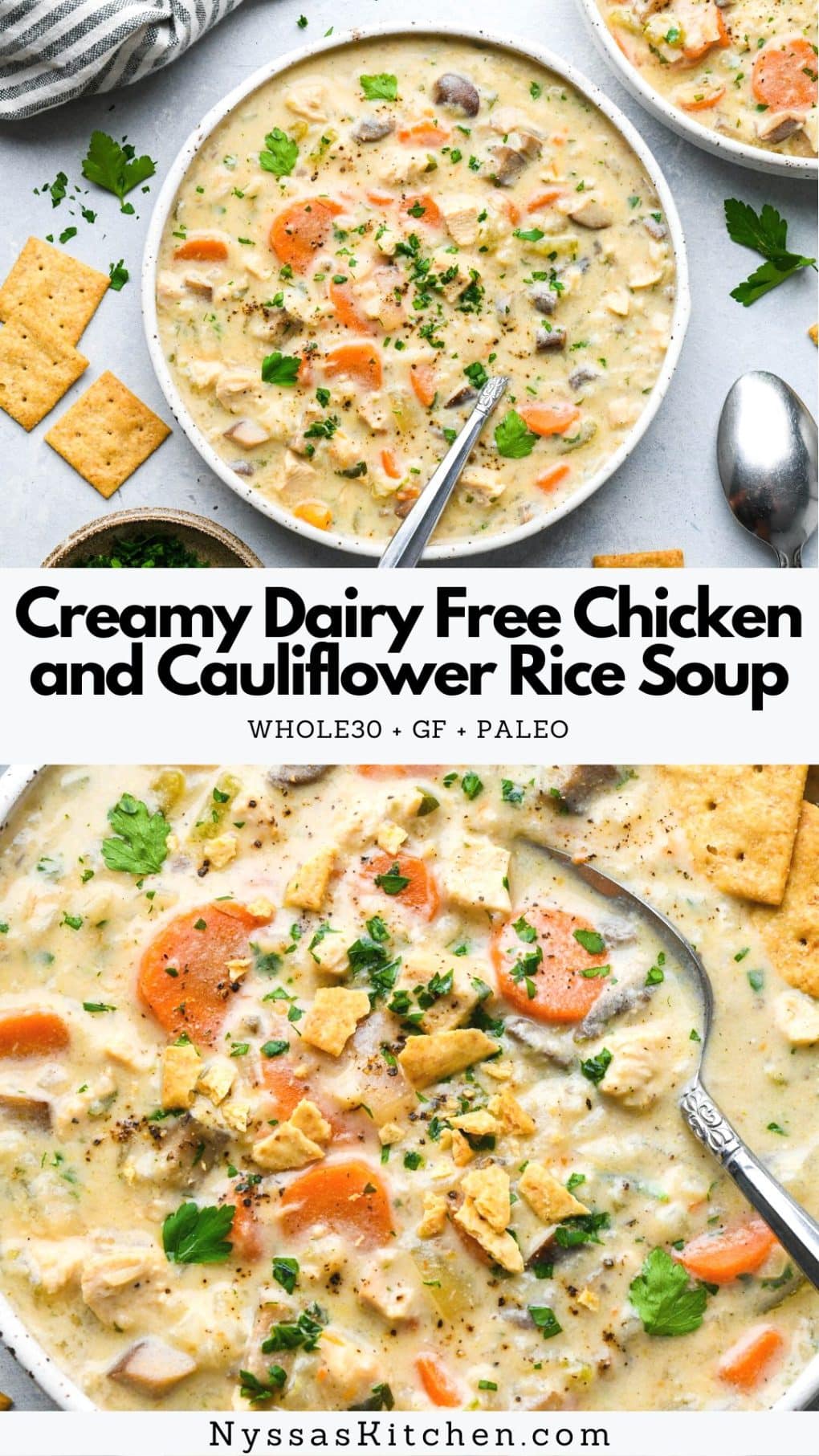 Pinterest pin for creamy dairy free chicken and cauliflower rice soup. 