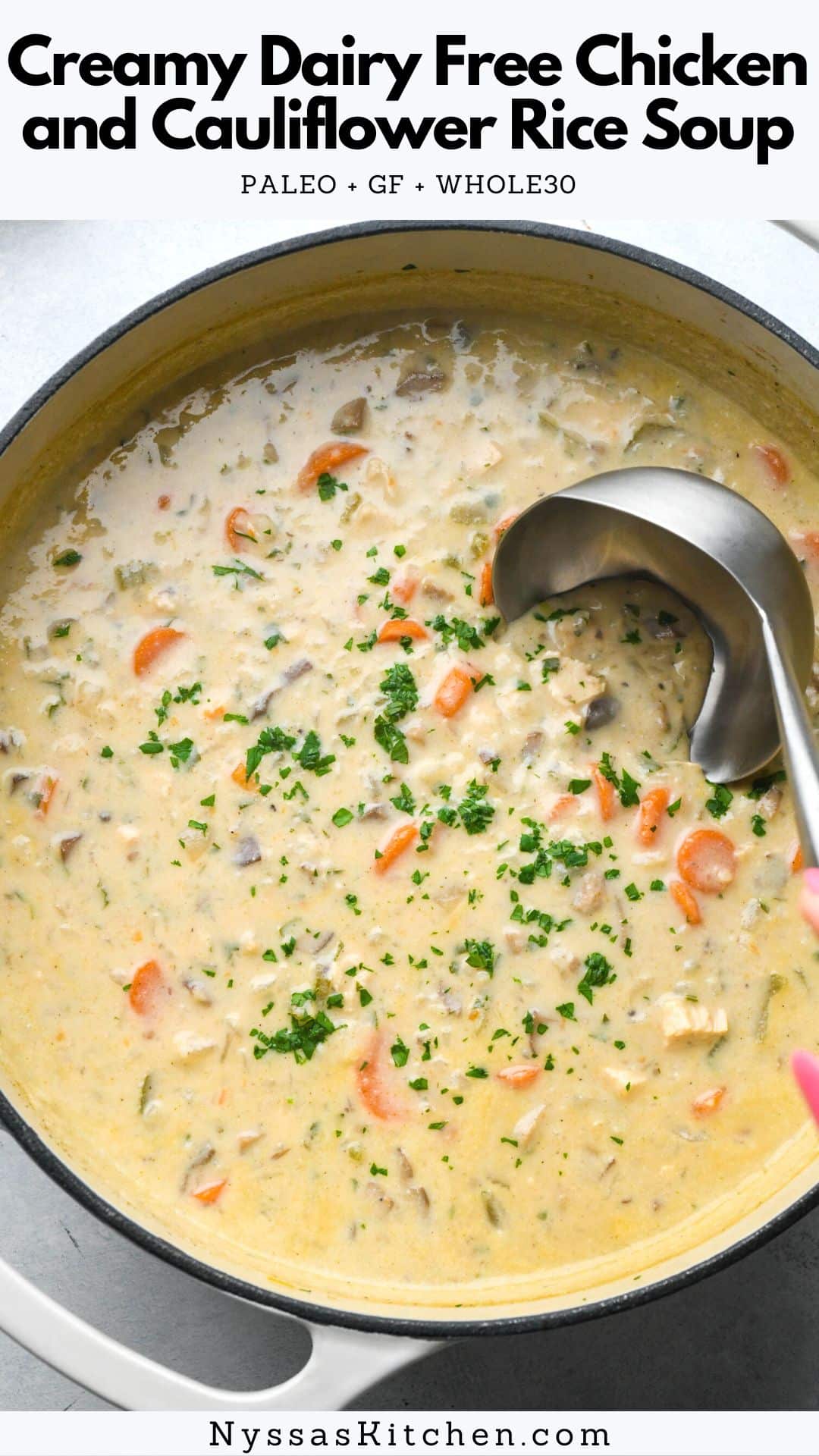 Thanks to cashew cream, this ultra creamy dairy free chicken and cauliflower rice soup is so satisfying and delicious that you'd never know it was dairy free unless you made it yourself! Made with all the same flavors of a classic chicken and rice soup, but paleo and whole30 friendly for a healthy meal that the whole family will love. Cashew free option included in the recipe notes!