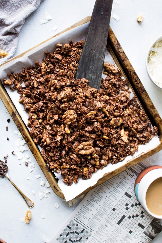 This easy dark chocolate paleo grain free granola is gluten free, dairy free, and packed with all the things you love about granola without any of the grains. Easy to make, good for you, and so freaking delicious. I know it's going to earn a fast spot in your heart and in your kitchen!