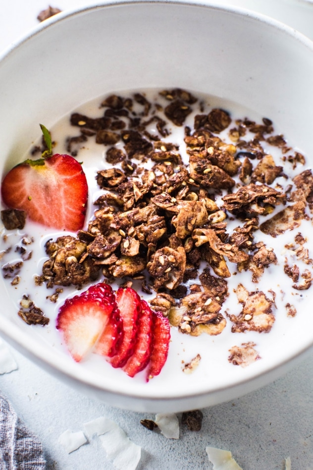 This easy dark chocolate paleo grain free granola is gluten free, dairy free, and packed with all the things you love about granola without any of the grains. Easy to make, good for you, and so freaking delicious. I know it's going to earn a fast spot in your heart and in your kitchen!