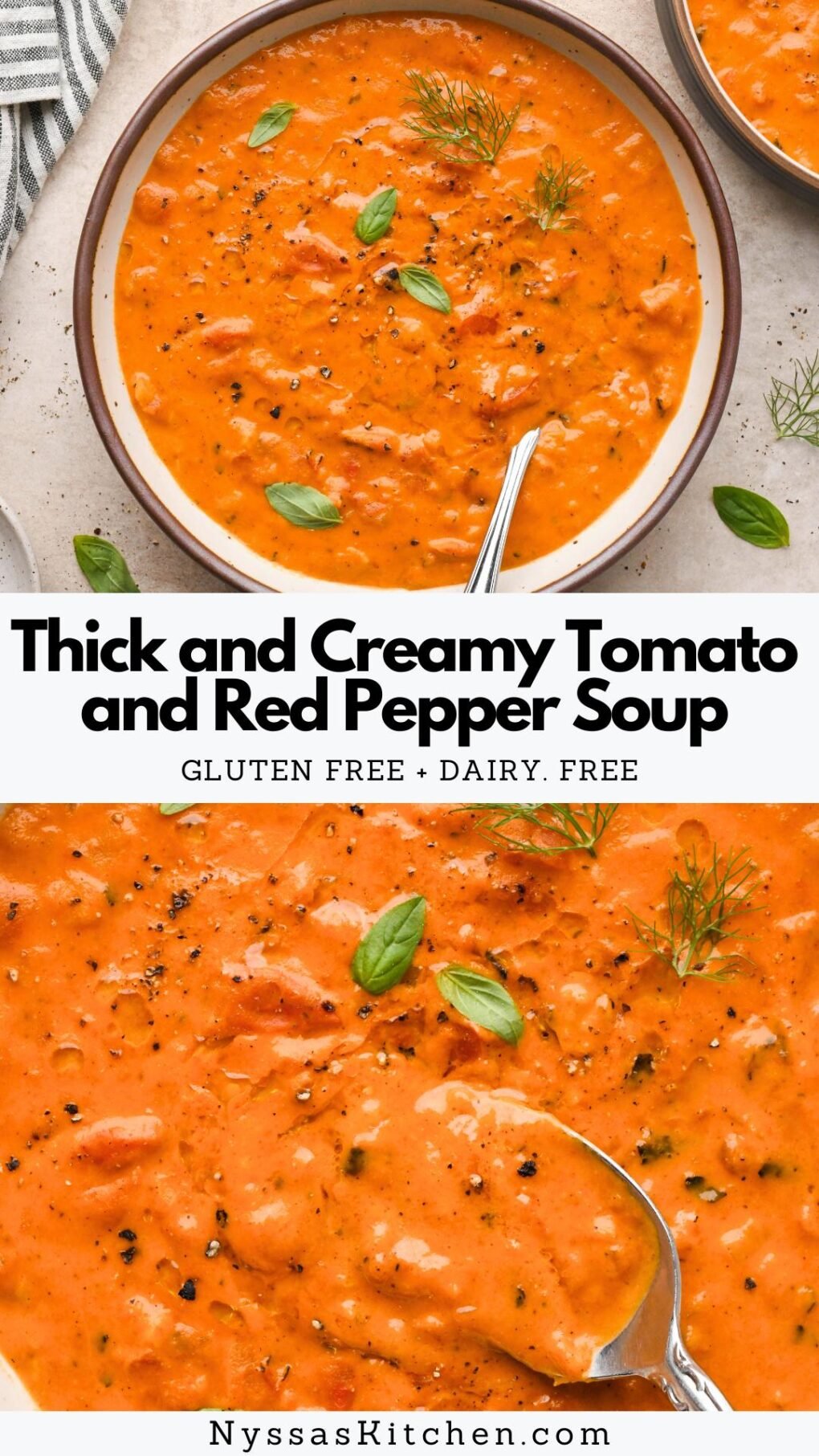 Pinterest pin for Thick and Creamy Tomato and Red Pepper Soup